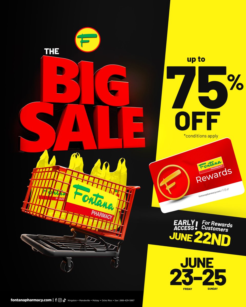 THE BIG SALE IS HERE AGAIN! 🎉🎈

Are you excited? 😀 Shop up to 75% OFF starting June 23-25, 2023, BUT if you have your rewards card, you get EARLY ACCESS starting June 22, 2023‼ 🎉🎊

#FontanaPharmacy #Fontana #Jamaica #Pharmacy #WeLoveFontana #ItsAllGoodInside #THEBIGSALE