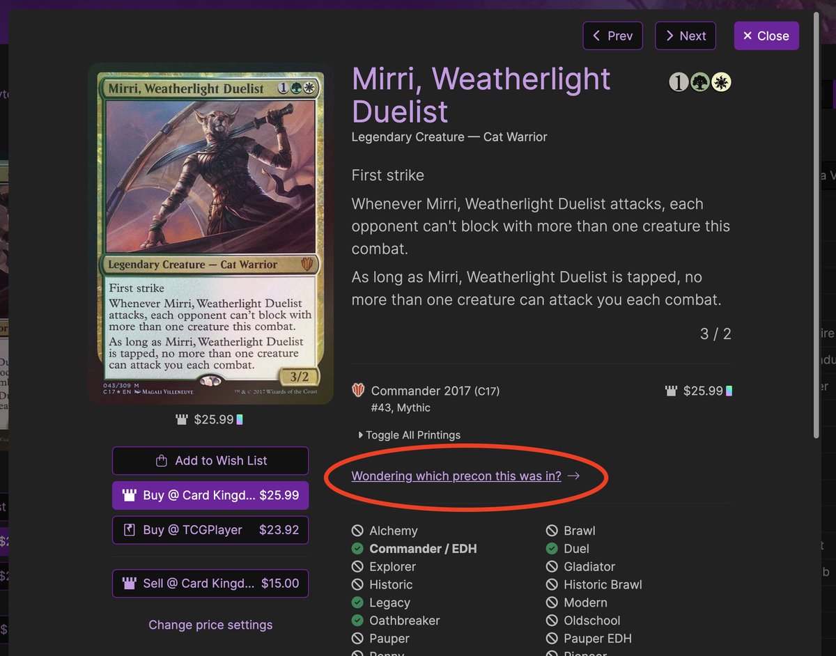 moxfieldmtg's tweet image. Do you ever see a card and absolutely know it was in a precon that you bought, but you can't remember which specific deck it was? I do this so much that I built a way to answer this question: