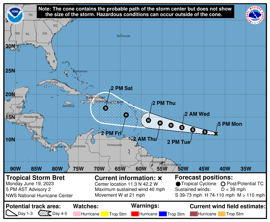 Noticaribe's tweet photo. NACE LA TORMENTA TROPICAL 'BRET': Pronostican que en su avance hacia el Caribe podría convertirse en el primer huracán de la temporada en el Atlántico https://t.co/ihMGjGJvDT https://t.co/EwrccfZC9r