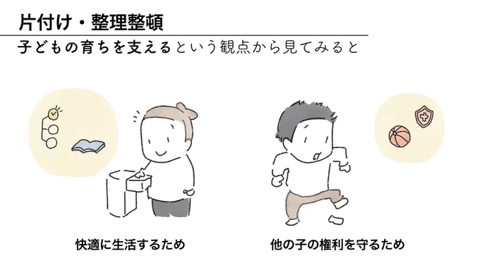 片付けや整理整頓を「やるもの」にすると、おだてたり叱ったりしてでも「やらせる」ことを目的にしてしまうけれど、もともとは快適に生活したり次に使いやすくしたり安全を守るためだから、「それを支える」という視点から見ると、できる環境を整えたりその経験が得られるような支援になっていくよ。