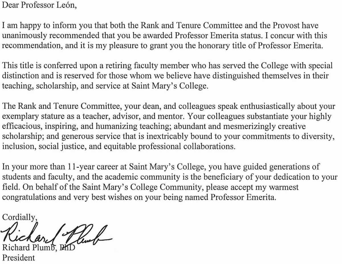 the official letter on #emerita status at Saint Mary's. "Your colleagues substantiate your highly efficacious, inspiring, and humanizing teaching; abundant and mesmerizingly creative scholarship…” i did good work. with good
folx. i celebrate that good work dreaming new waters