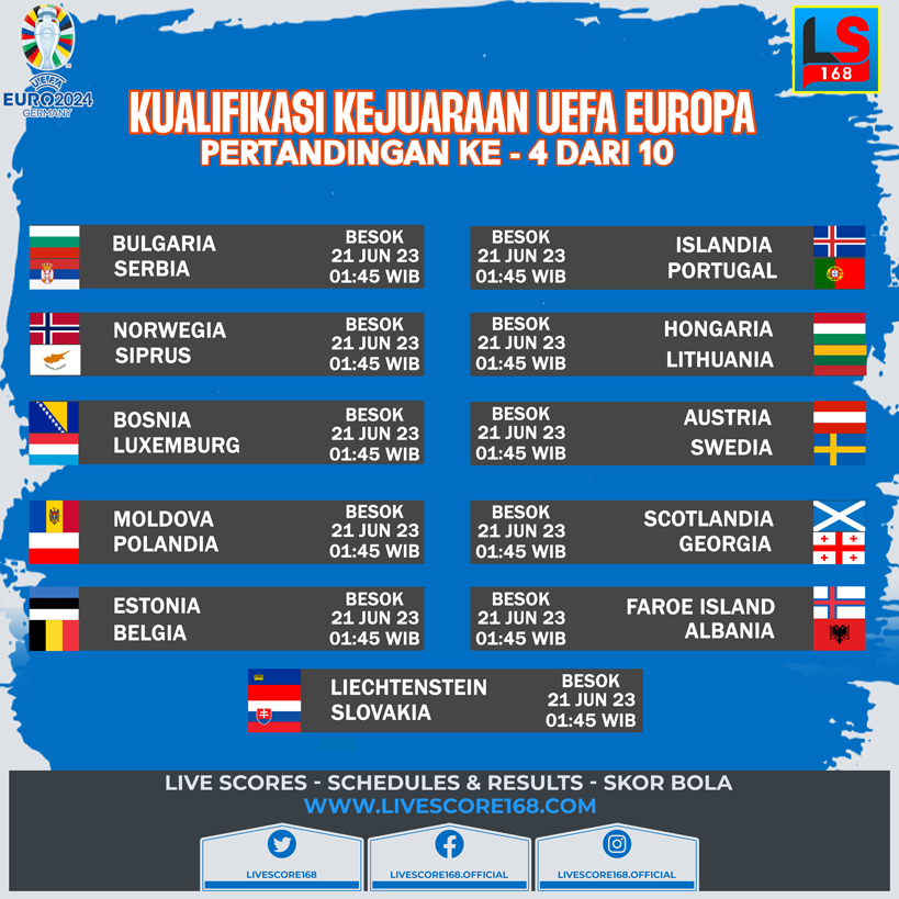 JADWAL KUALIFIKASI EURO PERTANDINGAN KE -4 DARI 10
#beritabola #sepakbola #kualifikasieuro #beritasepakbola #bola #UEFAEuropa #kabarbola #fansbola #repost #indonesianfootball #galeribola #pemainbola #boladunia #infosepakbola #seputarbola #soccer #football #livescore168