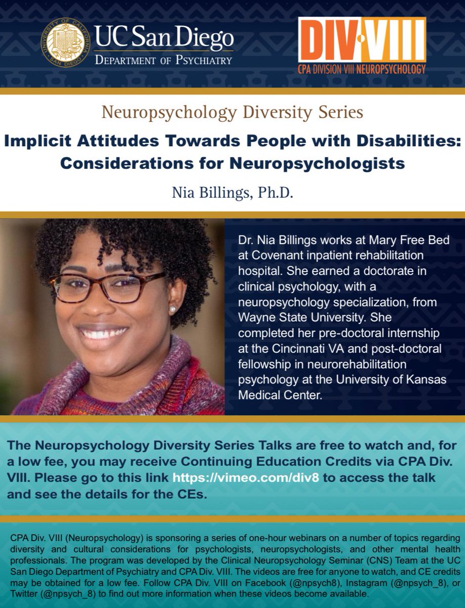 We're grateful to share our latest on-demand #neuropsychology #diversity series talk by Dr. Nia Billings about Implicit Attitudes Towards People with Disabilities: Considerations for Neuropsychologists. At cpapsych.org/page/div8x23 for 1 CE or vimeo.com/div8 for free!