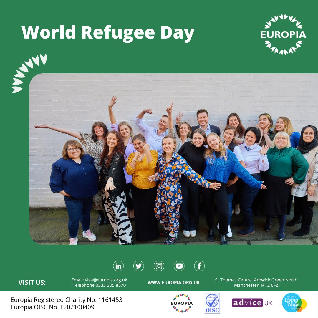 EuropiaMcr's tweet photo. On this #World #Refugee #Day, #Europia is celebrating and honouring refugees worldwide. 

We #support and #embrace #diversity, #resilience, and we are here to help those seeking #refuge. 🌟❤️

 #WorldRefugeeDay #Unity https://t.co/AOUxwx0vAi