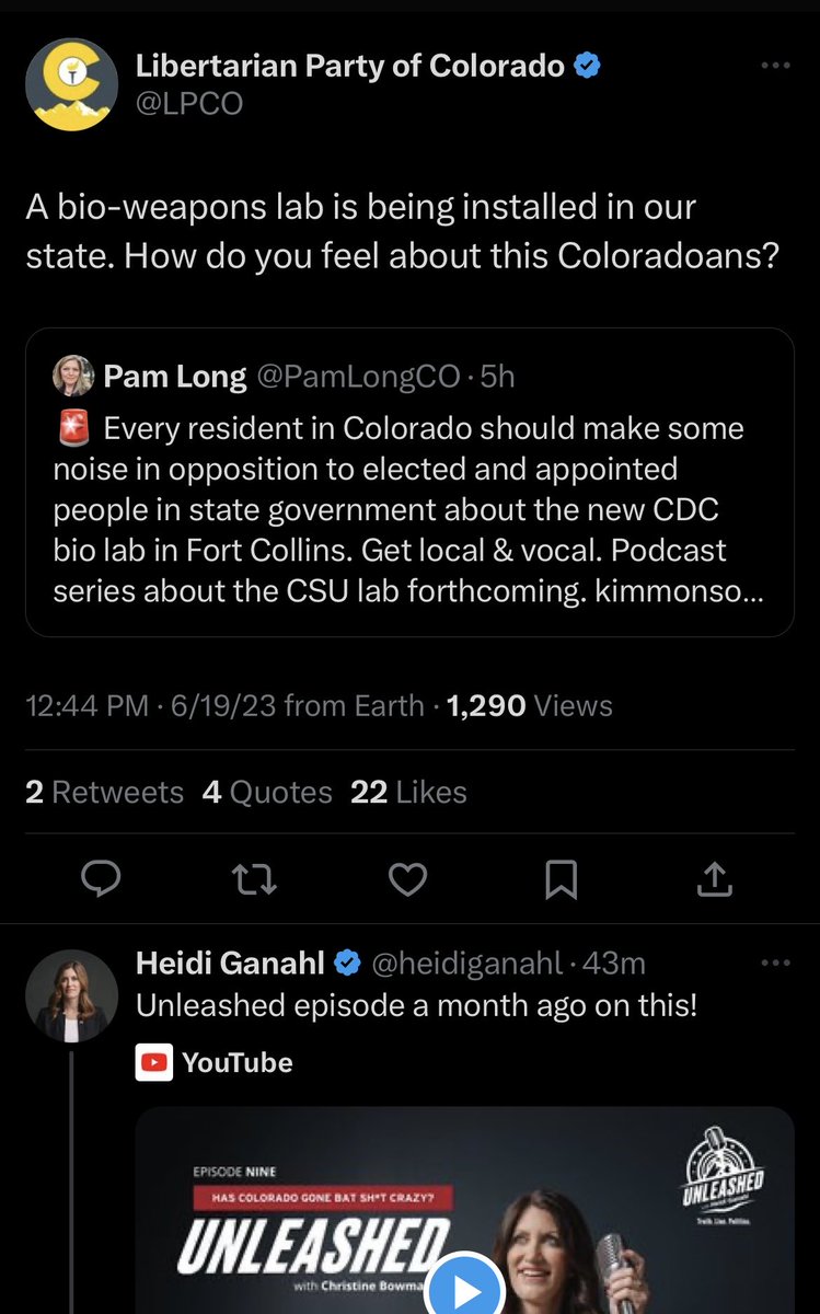 KyleClark's tweet image. Hard to overstate how the fringe has become the center of the Colorado Republican Party today. Here you have the GOP’s 2022 Gov nominee lining up with a writer for RFK Jr’s anti vaccine website + the CO Libertarian Party, which is calling a local CDC facility a “bio-weapons lab.”