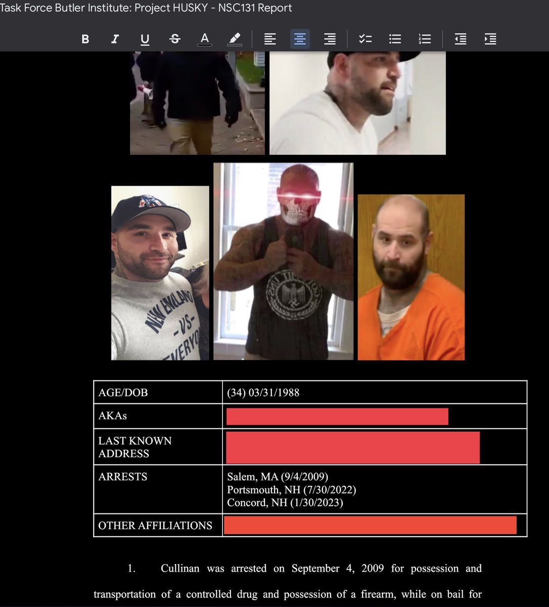 KrisGoldsmith85's tweet image. 2/ Note: Important to note that NSC-131’s second highest ranking nazi gang member Leo Cullinan died in New Hampshire yesterday. @LeahCushmanNH can still ask his terrorist friends about him, though. Lots of home addresses in our report, so she can interrogate them in person.