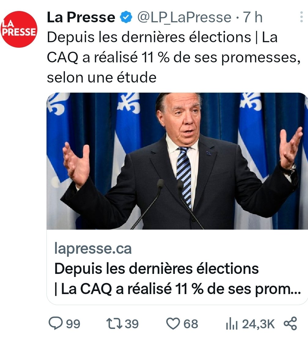 Pourquoi ne pas avoir écrit " depuis les dernières élections, la CAQ n'a pas réalisé 89% de ses promesses " ?