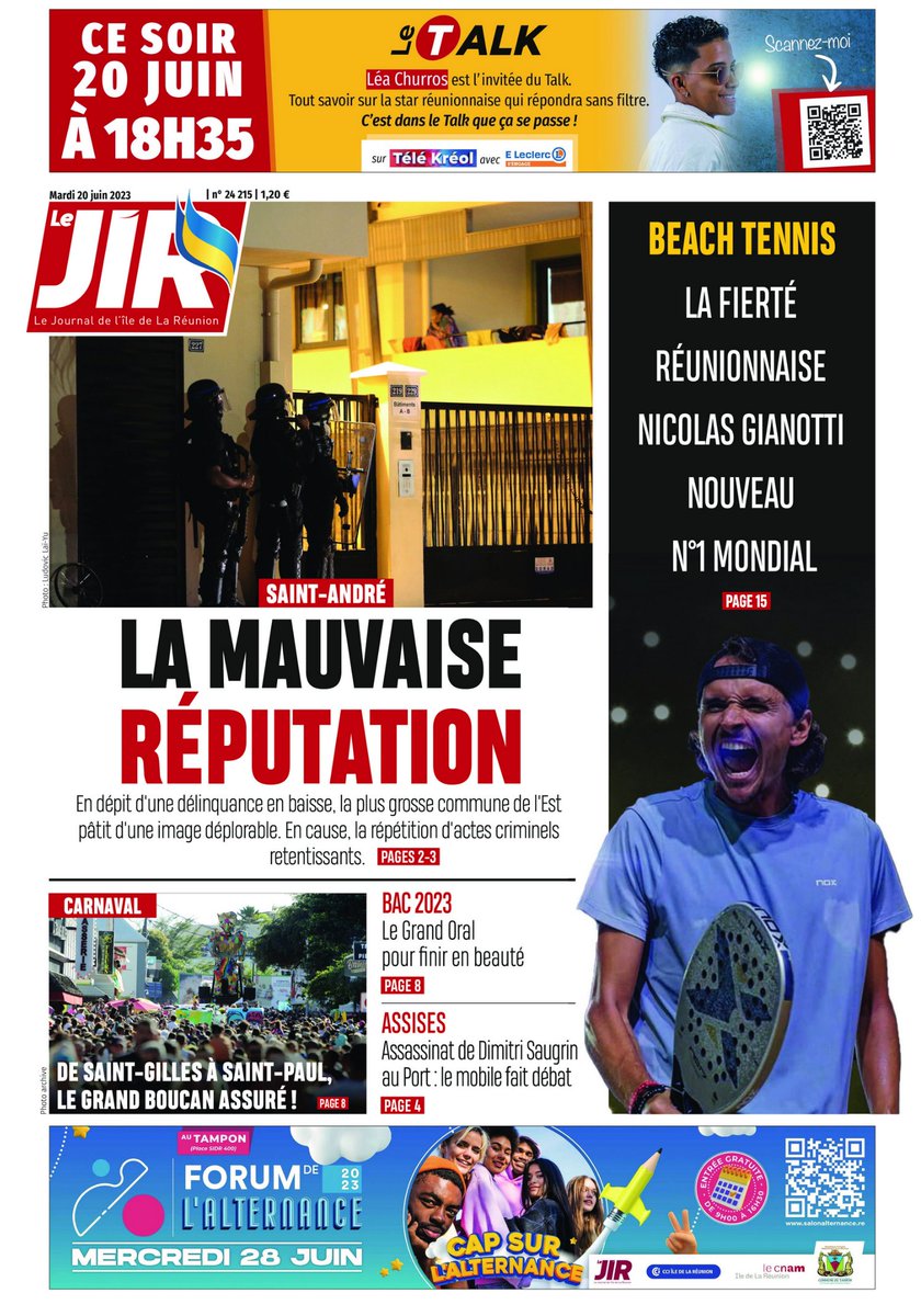 A la une du JIR : Saint-André. En dépit d'une délinquance en baisse, la plus grosse commune de l'Est pâtit d'une image déplorable. En cause, la répétition d'actes criminels retentissants.

Un dossier à retrouver en ligne :
clicanoo.re/abonnements
