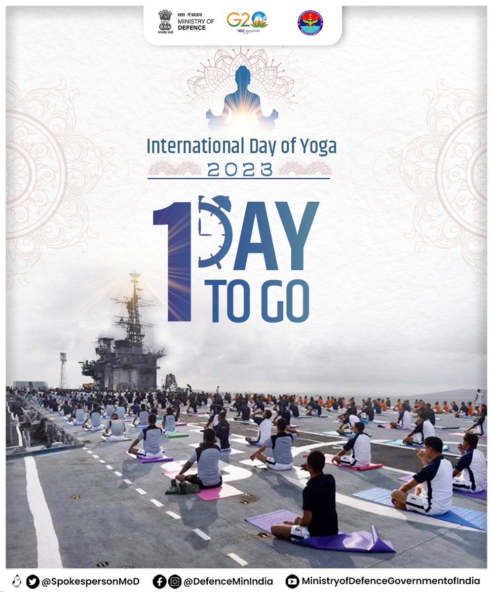 As only 1️⃣ day is remaining for #InternationalDayofYoga2023, the #OceanRingofYoga feature, showcasing Yoga demonstration  at Indian Naval Bases, Coast Guard and Ports/Marine Vessels of nearby friendly countries, will add to the grandeur of the celebration.
