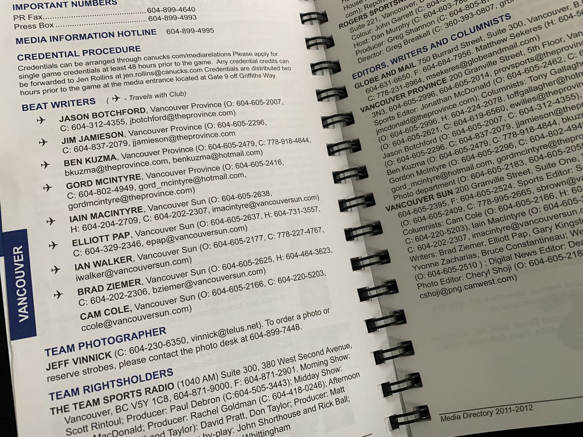 gordmcintyre's tweet photo. Going through my box of office stuff, came across the NHL media guide from my last season as a Canucks beat writer, 11 years ago - we had 11 reporters/columnists covering the team between Province/Sun.
Today there are two (hugely overworked) beat guys https://t.co/mVf7YYrNoz