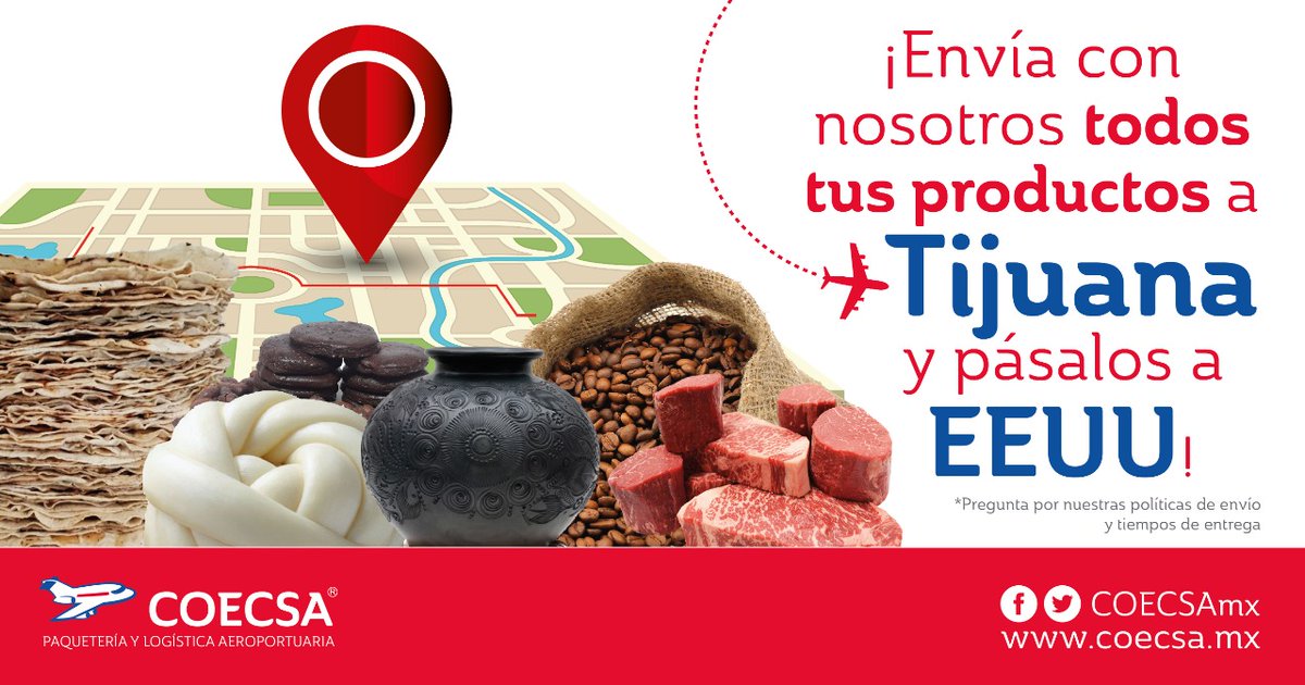 COECSAmx's tweet photo. Paisano, ¿vives en #EstadosUnidos? Recibe tus productos desde #México #Oaxaca #Puebla #Merida #Villahermosa #Veracruz #Chiapas #Guerrero #Huatulco... con #COECSA ✈️ #California #Texas #Dallas #Chicago #Nevada #Utah #Arizona #Colorado https://t.co/lTR98Unhum
