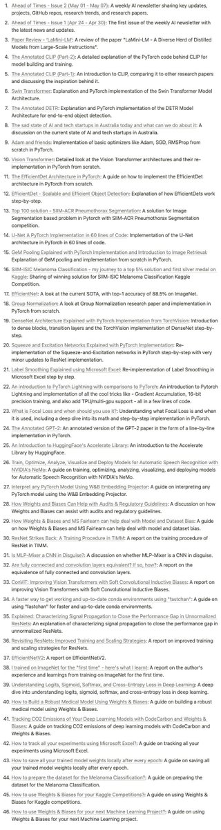 amaarora's tweet photo. Hello everyone! 👋

I'm thrilled to share with you the journey I've embarked on in the world of AI and Machine Learning. Over the past few years, I've had the privilege of diving deep into various topics, exploring new technologies, and sharing my insights through numerous blog posts and reports.

I've compiled a list of all my writings so far, each one a stepping stone in my learning journey. I hope these resources can be of help to you as they have been to me.

https://t.co/EcEHPGo8us

I'm incredibly proud of the work I've done and the knowledge I've gained. But more than that, I'm excited about the opportunity to share it with all of you. I believe in the power of community and the collective wisdom we can build by sharing our experiences and insights.

I'd love to hear your thoughts on these topics. Have you found any of these resources helpful? Do you have any favourite articles or insights you'd like to share? Let's start a conversation!