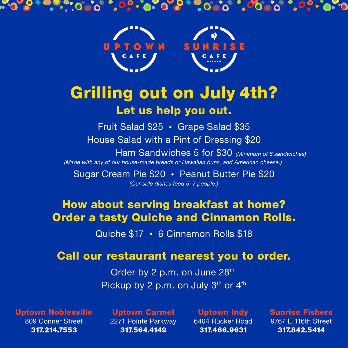 Grilling on July 4th? Let us help you out. 

Order freshly prepared sides, sandwiches, and desserts from our restaurant nearest you.  

#july4th #independenceday #bbq #eatlocal