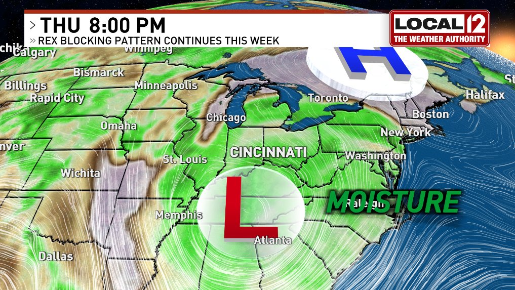 JohnGumm's tweet photo. A big traffic jam in the atmosphere called a "Rex Block" will mean daily chances for rain throughout the upcoming work week across the #Cincinnati area. This will help the abnormally dry to moderate drought conditions we continue to see. More: https://t.co/LYGTgZYHGD https://t.co/uZPlDXStuo