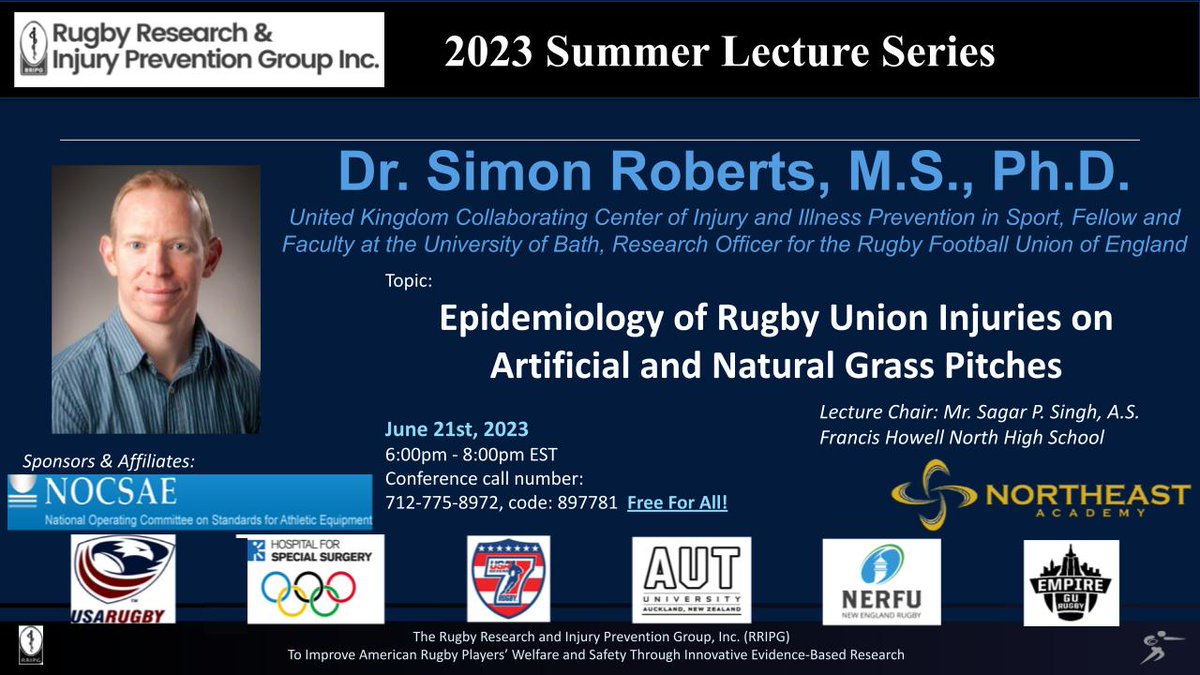 For our #SLS2023 we are #honored to host Dr. Simon Roberts of the <a href="/UKCCIIS/">UKCCIIS - IOC Research Centre of Excellence</a> affiliated with International #Olympic Committee #Research Center of #Excellence and a research associate from the #Rugby Football Union of England <a href="/RFU/">Rugby Football Union</a> <a href="/EnglandRugby/">England Rugby</a>. 
#sportsmedicine #injuryprevention