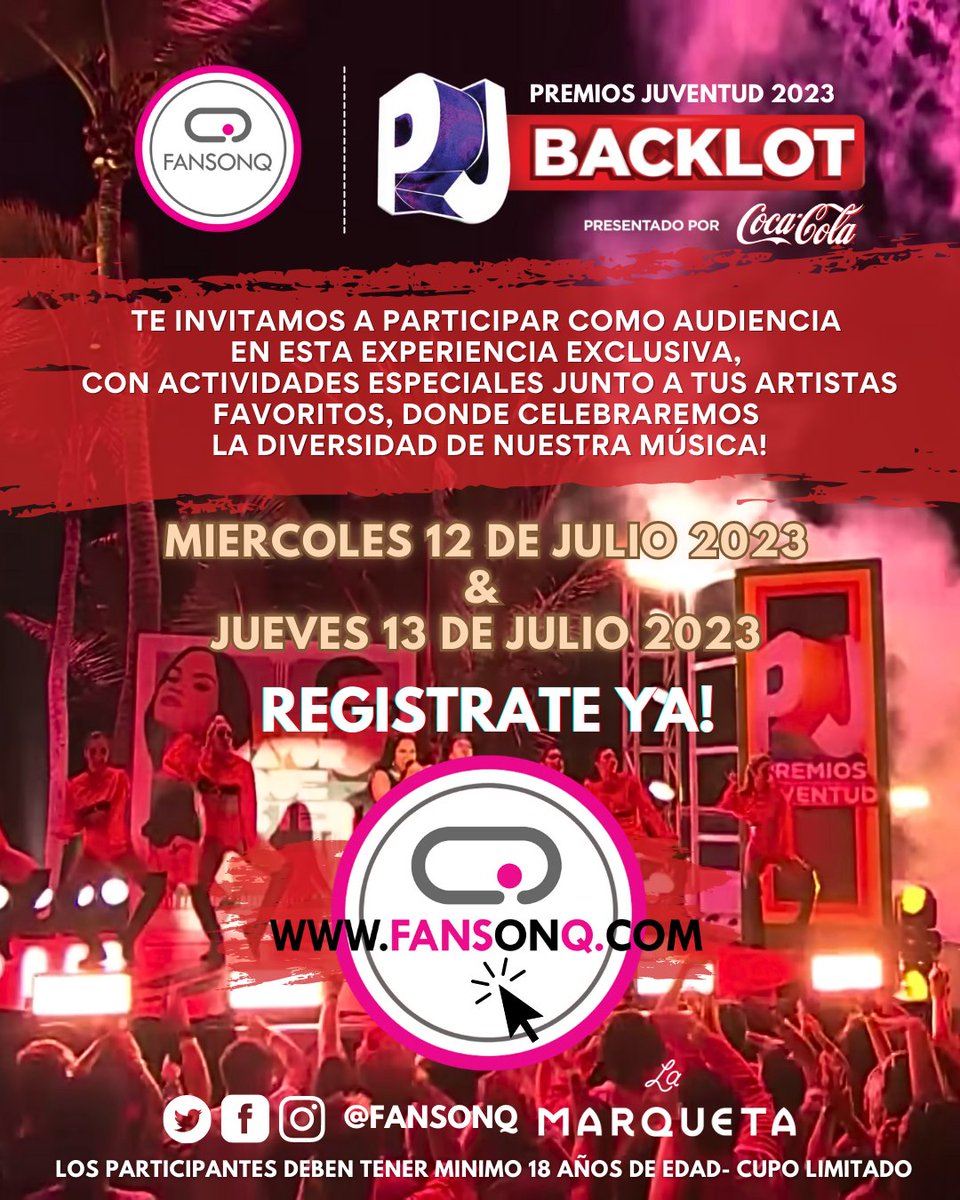 Te invitamos a ser parte una vez más de <a href="/PremiosJuventud/">Premios Juventud</a> Backlot Experience traído a ti por Coca-Cola el miércoles 12 de julio y jueves 13 de julio.
Se parte de estas exclusivas Pre-Grabaciones
Visita Nuestra Pagina Web
FansOnQ.com
#SanJuan #PuertoRico #LaMarqueta
