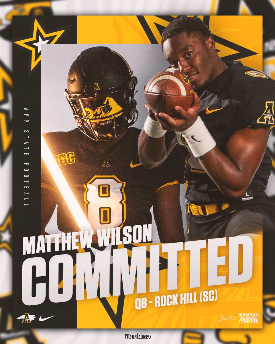 Matthew Wilson “2” (@mattwilsonn2) on Twitter photo I’m excited and blessed to announce my commitment to Appalachian State University⛰️⛰️⛰️
#ROCKBOYZ24 <a href="/CoachFrankPonce/">FRANK PONCE 🇺🇸🇳🇮</a> <a href="/Coach_JWatts/">Justin Watts</a> <a href="/coach_sclark/">Shawn Clark</a> <a href="/lgware/">lance ware</a> <a href="/CoachM_Cummings/">Mike Cummings</a> <a href="/coach_sloan/">Coach Scot Sloan</a> <a href="/thomasguerry/">Thomas Guerry</a> <a href="/qbcoachrr17/">Ramon Robinson (RR Elite QB Academy)</a> I’m excited and blessed to announce my commitment to Appalachian State University⛰️⛰️⛰️
#ROCKBOYZ24 <a href="/CoachFrankPonce/">FRANK PONCE 🇺🇸🇳🇮</a> <a href="/Coach_JWatts/">Justin Watts</a> <a href="/coach_sclark/">Shawn Clark</a> <a href="/lgware/">lance ware</a> <a href="/CoachM_Cummings/">Mike Cummings</a> <a href="/coach_sloan/">Coach Scot Sloan</a> <a href="/thomasguerry/">Thomas Guerry</a> <a href="/qbcoachrr17/">Ramon Robinson (RR Elite QB Academy)</a>