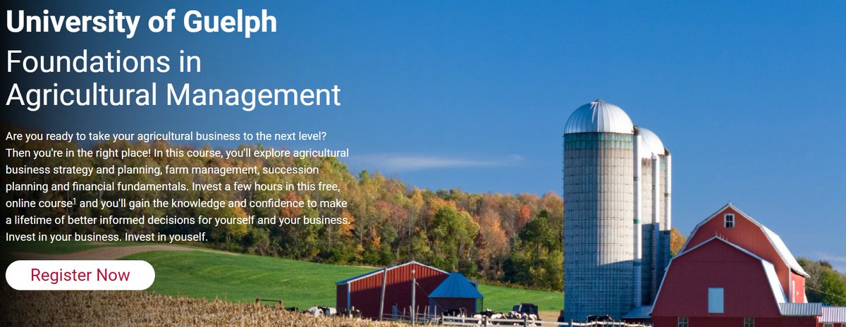 The University of Guelph, in partnership with @FCCagriculture  & @RBC has designed a free, self-paced online course to empower you with the knowledge and confidence to take your farm business to the next level. #DreamGrowThrive

Check it out at GuelphAgriculturalManagement.com