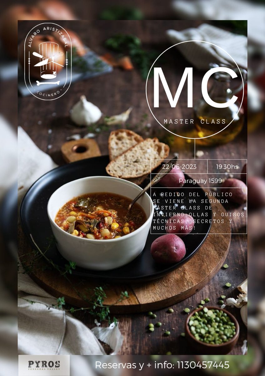 Jueves 22.06 
Master Class con degustación en Íntimo Restó (Paraguay 1599 esq Montevideo)

Guisos y comida de olla, para enfrentar este invierno

Te esperamos con tabla de quesos de <a href="/TregarOk/">Tregar</a> y vinos de <a href="/PyrosWines/">Pyros Wines</a> 
Recetario digital y todo

Reservas 1130457445 🙂