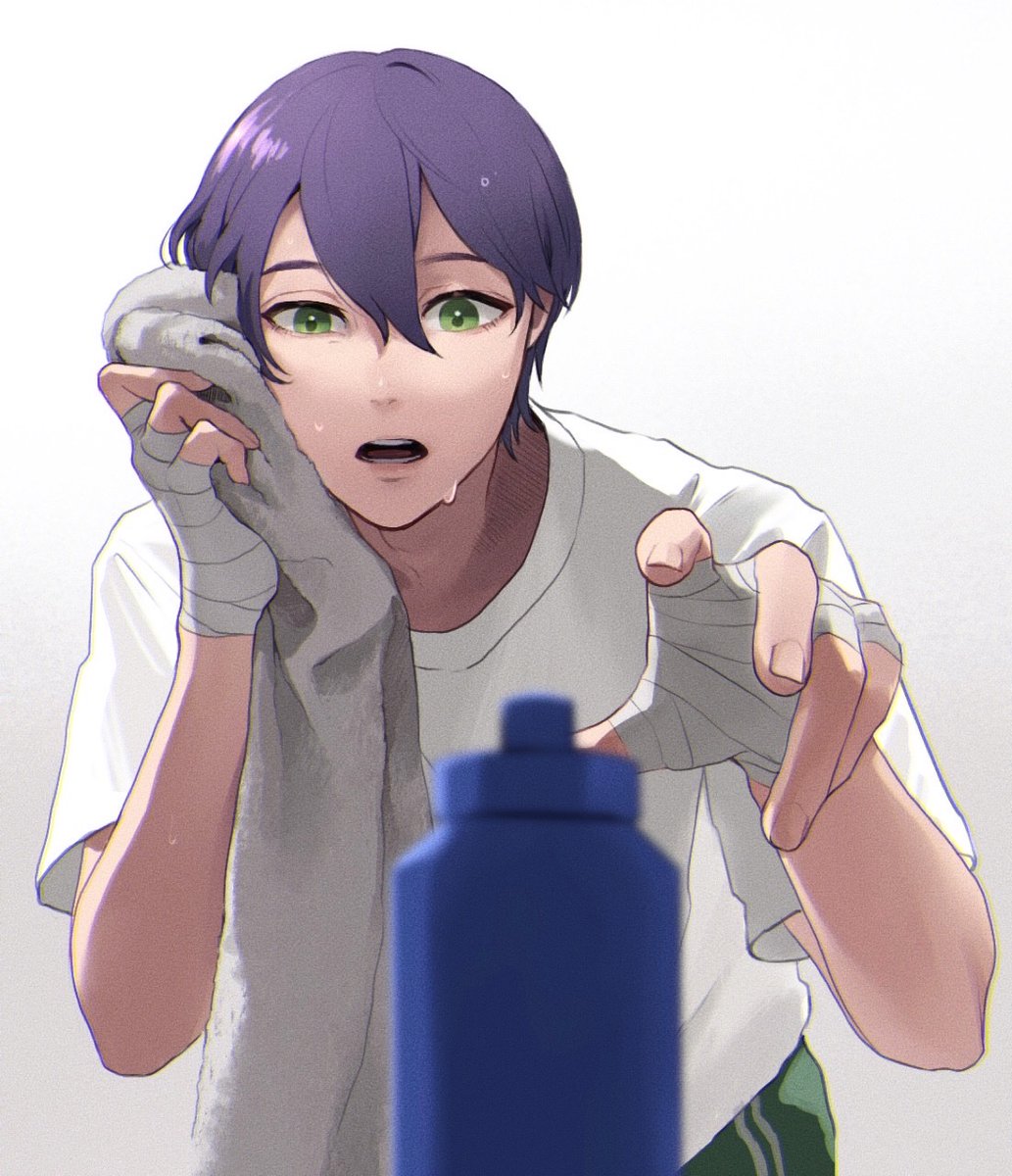 1boy male focus towel green eyes solo purple hair bandages  illustration images