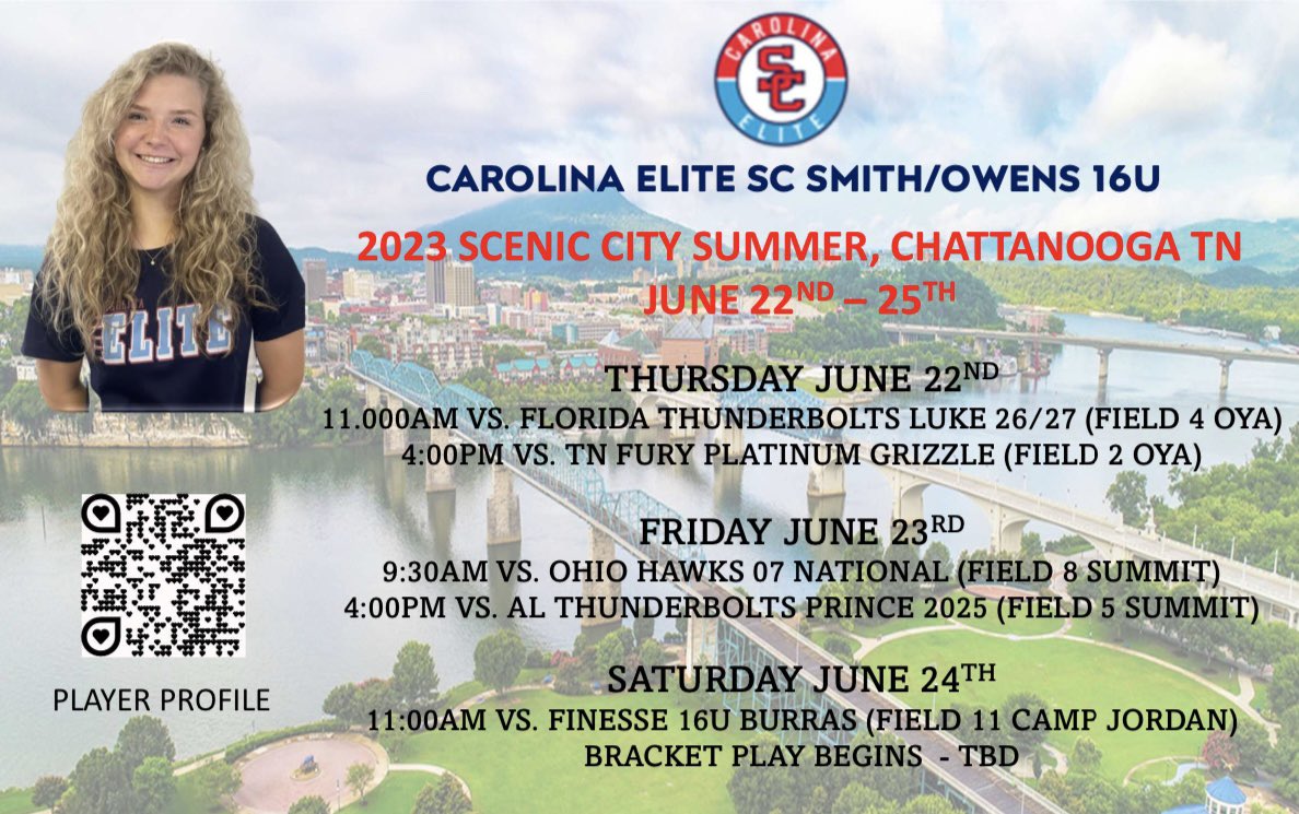 Exited to play in the 2023 Scenic City Summer Showcase in TN! @CarolinaEliteS2 Here is our schedule! #beelite #chasinggoals #makingmemories