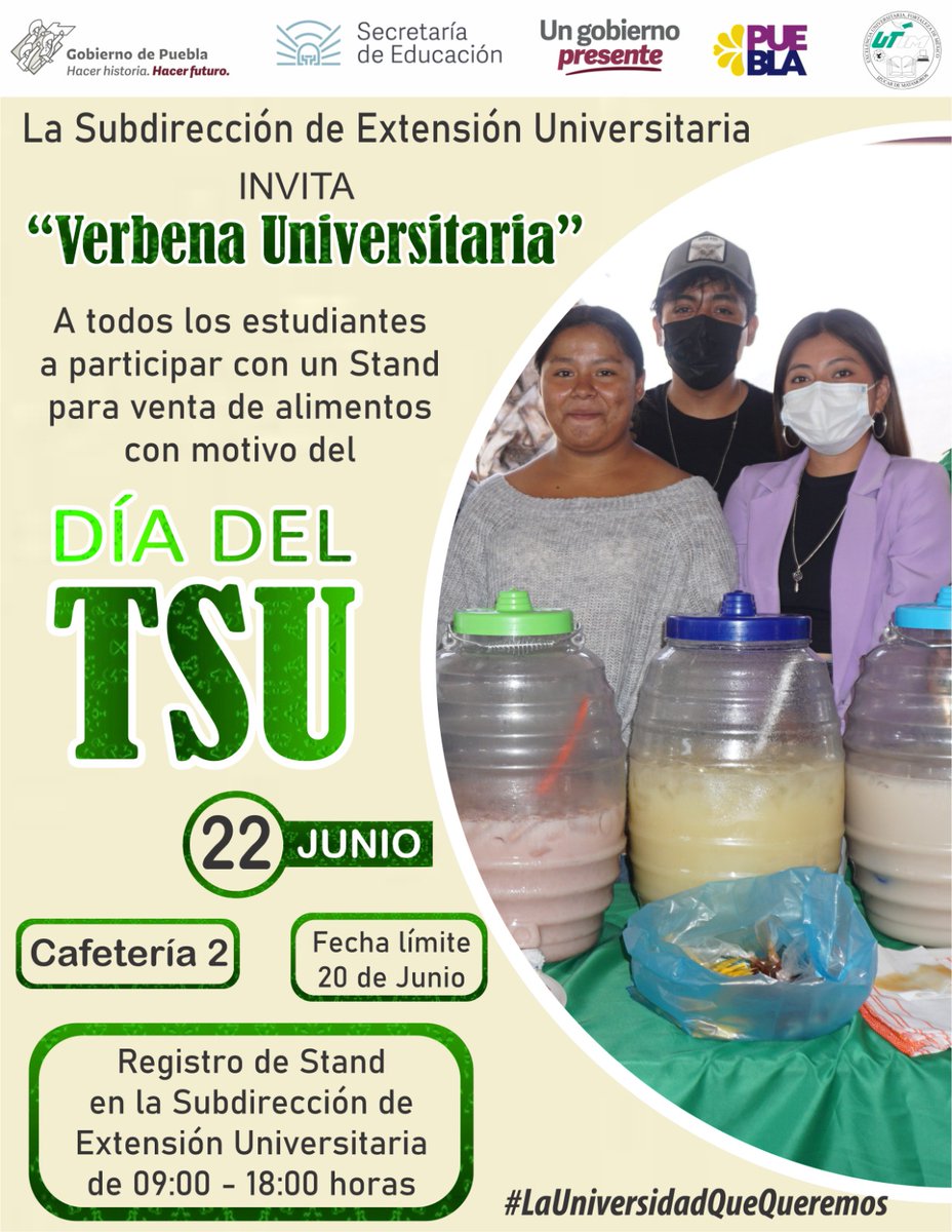 SoyUTIM's tweet photo. Con el objetivo de conmemorar el día del TSU, te invitamos a ser parte de la Verbena Universitaria, inscríbete en la Subdirección de Extensión Universitaria.

#LaUniversidadQueQueremos 
#UTIMde💚 https://t.co/8RCPDmptle