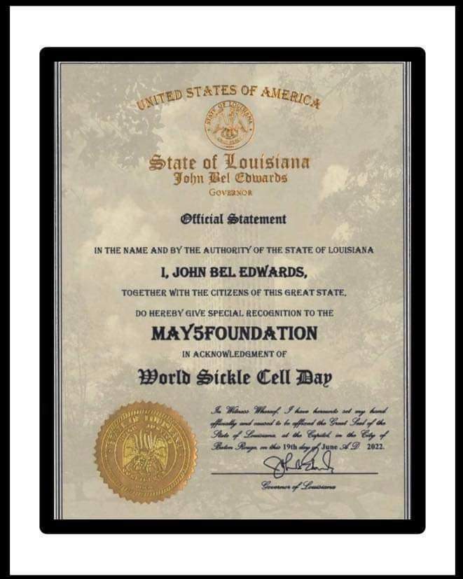 may5foundation's tweet photo. @LouisianaGov signed a proclamation declaring today, June 19th, 2023 as #WorldSickleCellDay in the state of #Louisiana.
The Governor of Louisiana also recognized #May5foundation for their work in #advocacy & #Awareness for #SickleCellDisease
#lagov
#lalege https://t.co/0hLiRICEkO