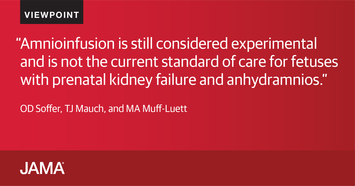 #Viewpoint discusses long-term medical, emotional, and financial implications of using amnioinfusion to treat anhydramnios; outlines ongoing Renal Anhydramnios Fetal Therapy (RAFT) trial; and suggests that amnioinfusions be withheld in early anhydramnios. ja.ma/42DDUGZ