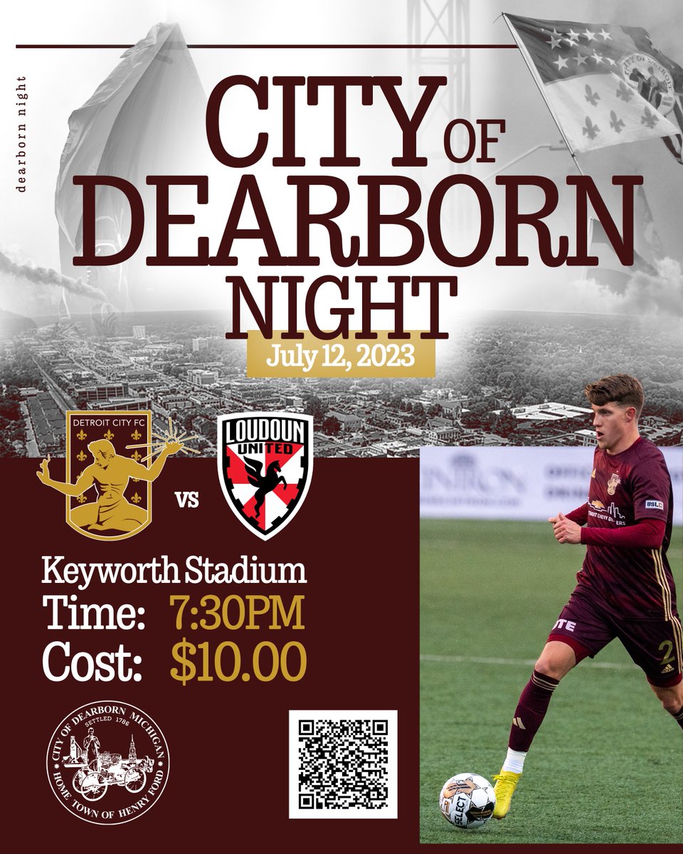 Dearborn Night! We've partnered with <a href="/DetroitCityFC/">Detroit City FC</a> to offer Dearborn residents discounted tickets for the July 12, 2023 match. ⚽️

A pre-game ceremony will celebrate Dearborn’s culture and commitment to athletic excellence. TICKETS: tinyurl.com/DearbornNight
