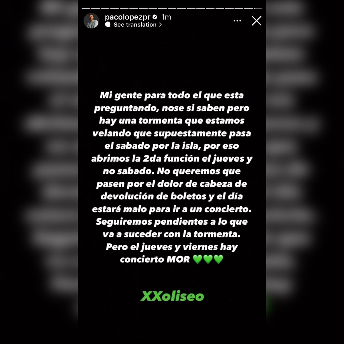 itscarlosivan's tweet photo. Paco Lopez confirma que solo habrá
dos funciones para el concierto de Feid debido a la tormenta. https://t.co/v3MAMSDVly