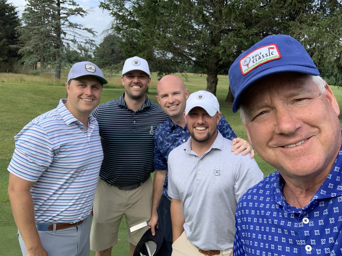 Great day with ⁦⁦@ButlerUBaseball⁩ Most Hits in a Single game, 6 (in one game!!!!!!) Kyle Waggoner (Butler 2011), brother Grant, Aaron Ross and Andrew Campbell at Woodland CC raising funds for ⁦@TTindy. Big hitters and me.🤷‍♂️