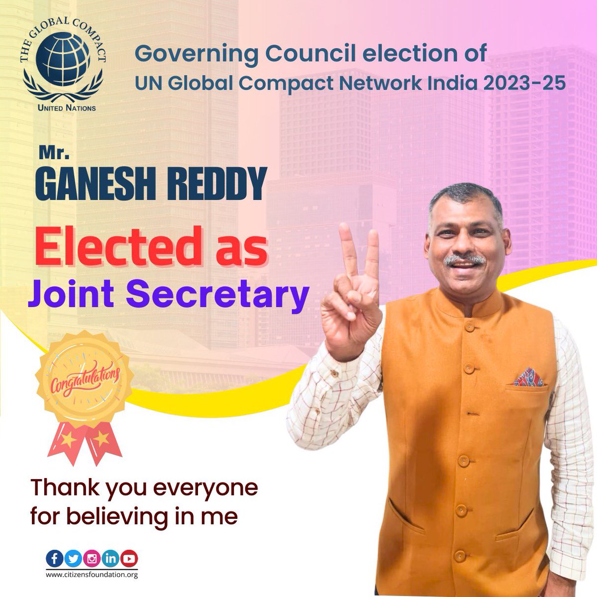 GaneshReddys7's tweet photo. Thank You Very much for Believing in me. I will try my best to take @GCNIndia to next level under the leadership of Shri Arun Kumar Singh @ChairmanONGC and Newly Elected Office bearer’s. 🙏

@NITIAayog @FollowCII @globalcompact @UNinIndia @citizens_cf @IASassociation @C20EG @G20_Bharat @UN