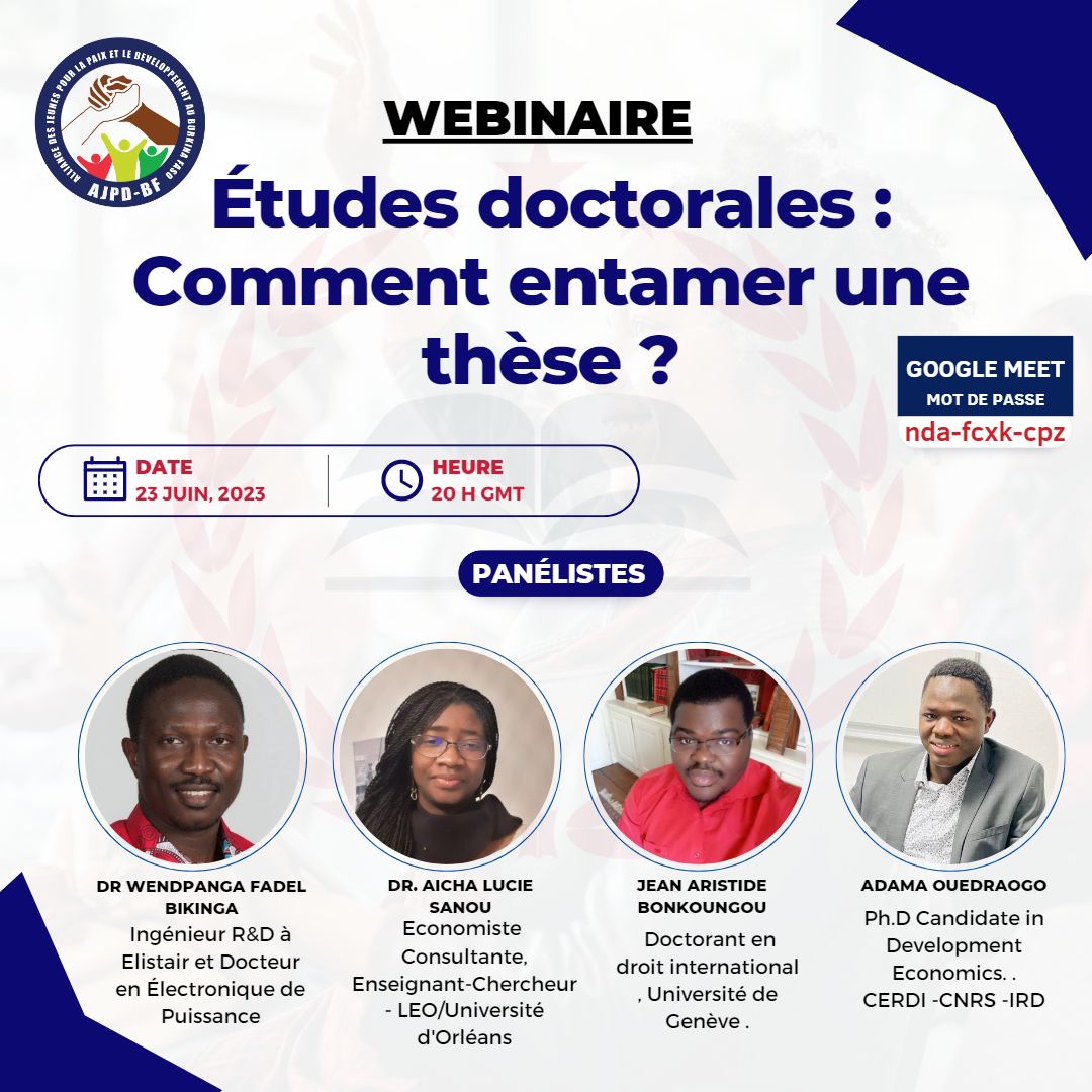 AjpdBf's tweet photo. L'@AjpdBf vous présente son webinaire mensuel qui portera sur les #études #doctorales. Venez découvrir les #secrets d'un parcours doctorale #réussi. https://t.co/4EZ4X9DWbD