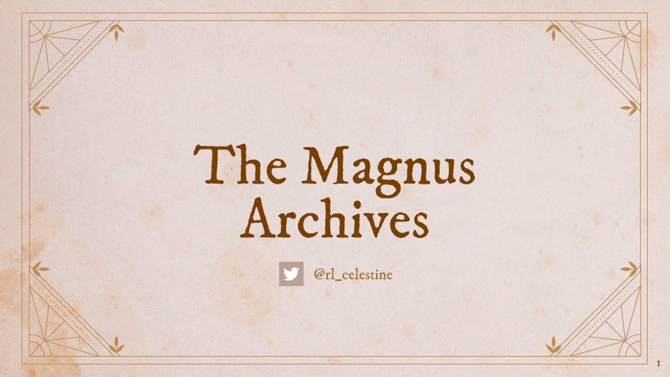 rl_celestine's tweet photo. welcome to my magnum opus, a project that i put more effort into than my actual capstone: a random #themagnusarchives presentation/thread :D
i listened to all 200 eps within 1.5 mths, and made this in the last 3ish wks, hope u have fun reading it !
(1/14)
#MagnusPod #TMAspoilers https://t.co/LPMNumzYH7