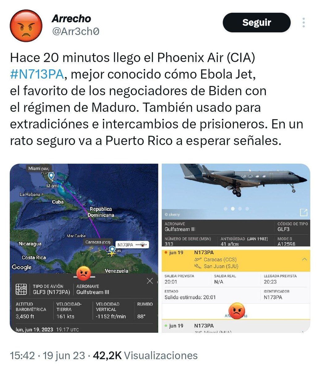 El avión Phoenix Air Gulfstream III habría aterrizado este lunes 19.06.2023 en Caracas, la aeronave es operada por el gobierno de EE.UU. /CIA y es un indicador de que un funcionario estadounidense habría estado en Venezuela.

El avión habría durado menos de 50 minutos en el país.