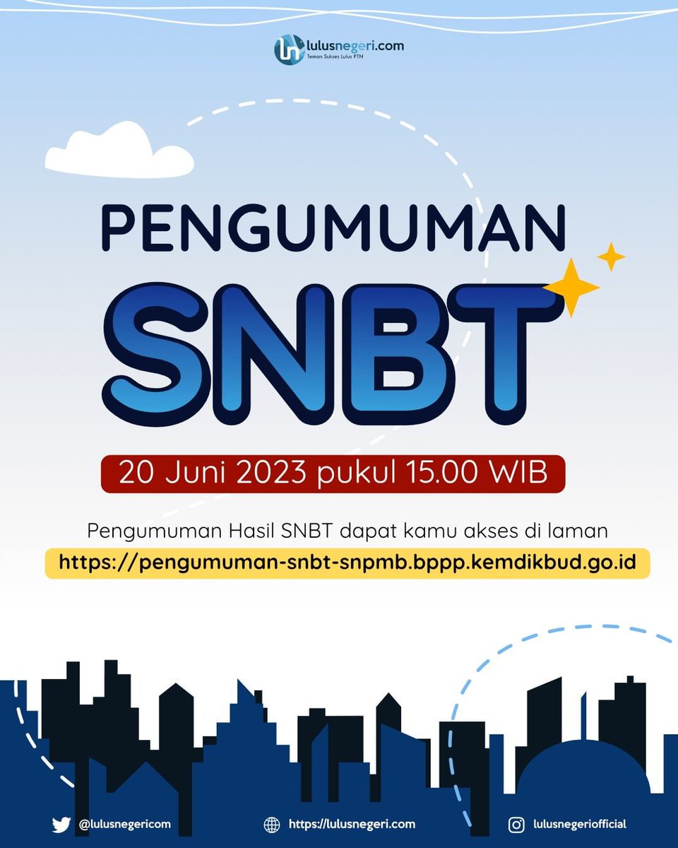 lulusnegericom's tweet image. Semoga yang disemogakan terkabul...
Selamat menanti ucapan selamat hari ini ygy #temanlulusnegeri 

Pengumuman hasil SNBT bisa kamu akses pukul 15.00 WIB di laman utama 
…muman-snbt-snpmb.bppp.kemdikbud.go.id
atau di laman mirror..

#pengumumansnbt #snbt #masukptn #kuliah #masukptn