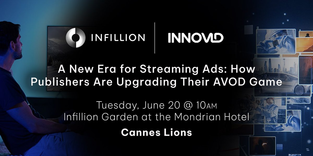 Learn from top leaders in #CTV on how we can collectively improve and elevate #AVOD while preserving consumer experience at #InfillionAtCannes’ panel, “A New Era For Streaming Ads: How Publishers Are Upgrading their AVOD Game.”
 
➡️ bit.ly/42rBDyu
#CannesLions2023