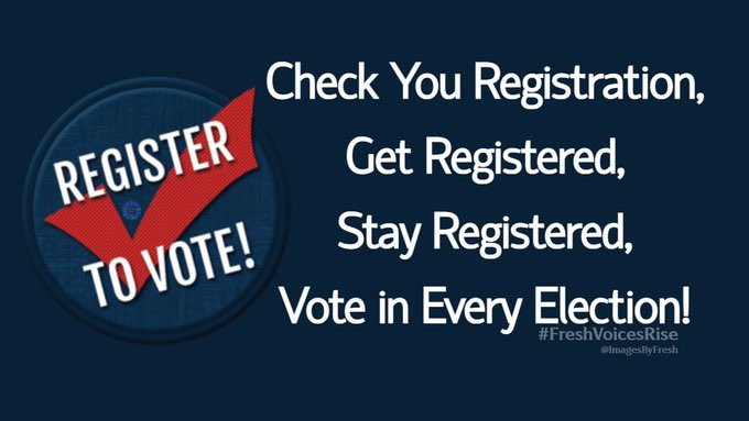 Make sure you check your registration frequently. The red states are regularly deleting voter rolls.  

Go to Iwillvote.com to check or get registered. Vote blue in every election! 

#DemsAct #Dems4USA #ResistanceUnited #ONEV1