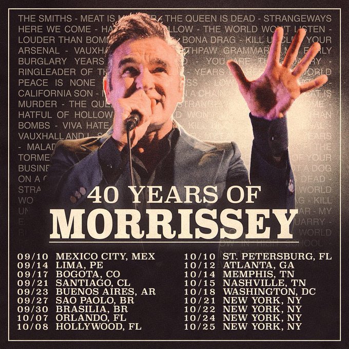 sonarfm's tweet photo. MORRISSEY ANUNCIA SU REGRESO A 🇨🇱 Y SUDAMÉRICA 👏 

Tras semanas de rumores, Moz oficializó las fechas de su gira por el Cono Sur Americano y Santiago está en la ruta.

El jueves 21 de septiembre será la presentación del británico y las coordenadas ya serán anunciadas. https://t.co/UJgbmu2GeQ