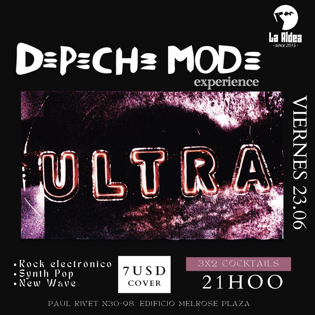 LaAldeaPub's tweet photo. #MúsicaEnVivo | ULTRA es el noveno disco de la famosa banda británica de rock electrónico #DepecheMode, que contiene varias de sus más icónicas canciones. 

Este viernes, no te puedes perder de un show dedicado a este importante álbum "ULTRA, by Depeche Mode Experience. 🤘🏻🎸🎙 https://t.co/xt26U9mZSS