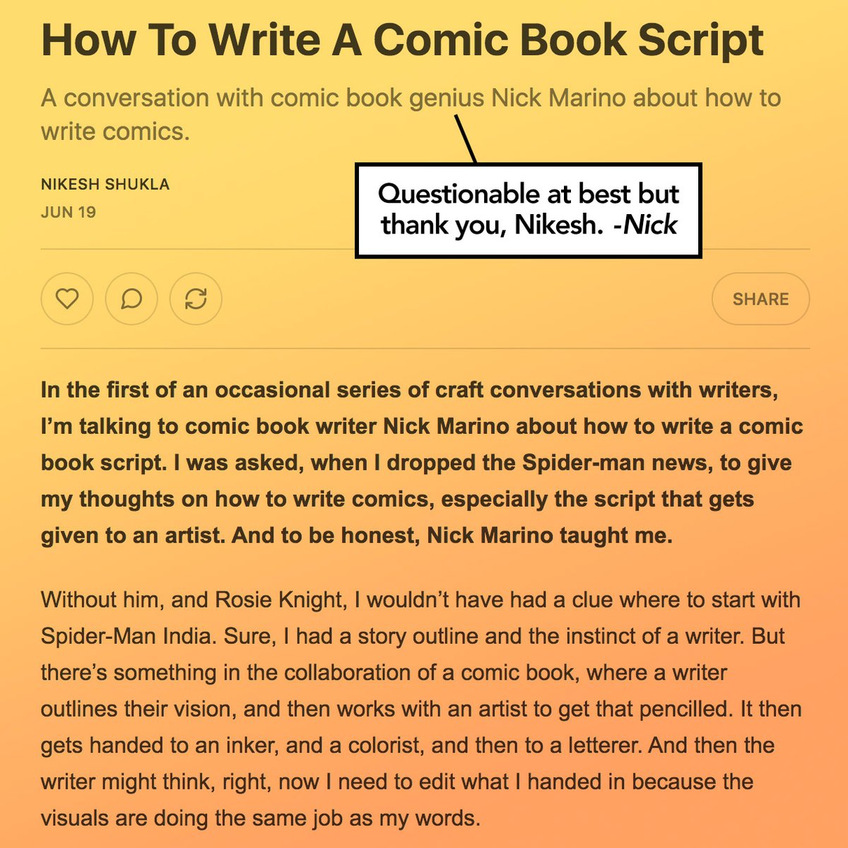 Had the honor of sharing some thoughts on writing comic book scripts with @nikeshshukla for his newsletter.