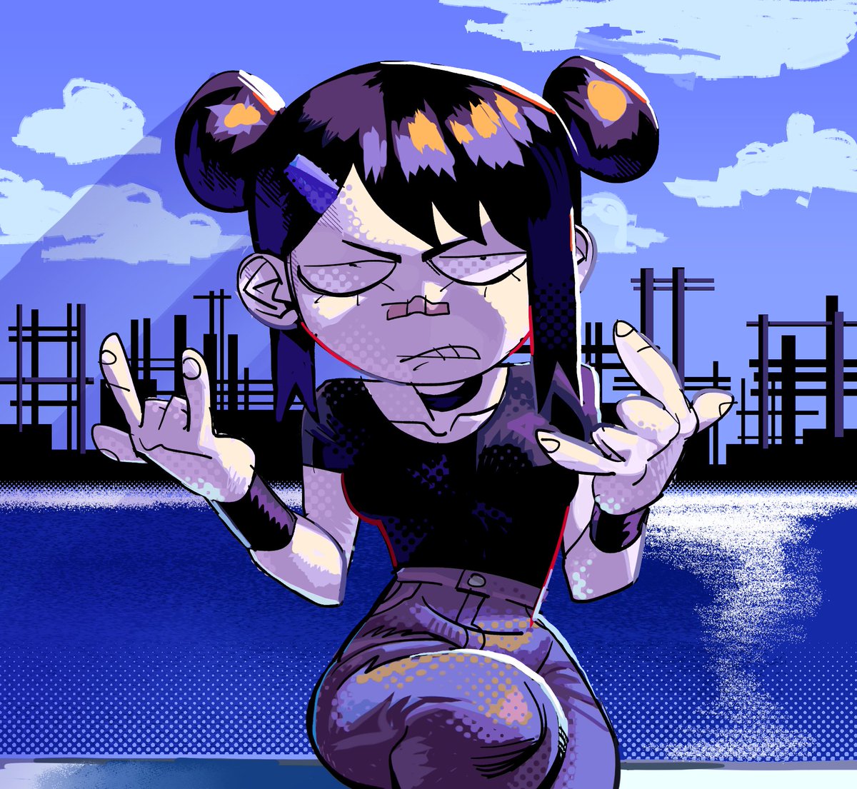 1girl solo double bun pants hair bun shirt black hair  illustration images