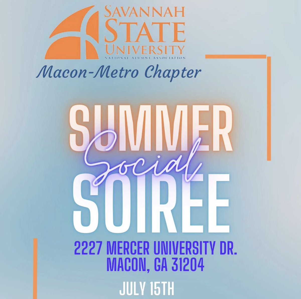 onessu1890's tweet photo. Join the SSUNAA Macon Metro Chapter for a Summer Soirée and Social on 
July 15, 2023, 1pm, at the Frank Johnson Recreation Center!! Link to Register: https://t.co/YEdU4EBRDS #SSU #SSUAlumni #SSUNAA 🧡💙🐅 https://t.co/z1LB2NilQP