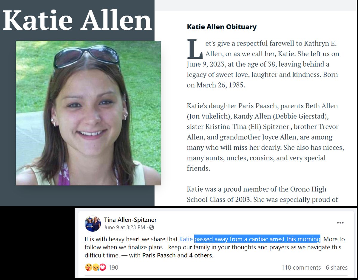 Minneapolis, MN - 38 year old Katie Allen died suddenly of a cardiac arrest on June 9, 2023.

COVID-19 mRNA vaccines are killing many young women, as 1 in 30 get myocarditis, putting them at risk for early morning cardiac arrest and sudden death.

#DiedSuddenly #cdnpoli #ableg