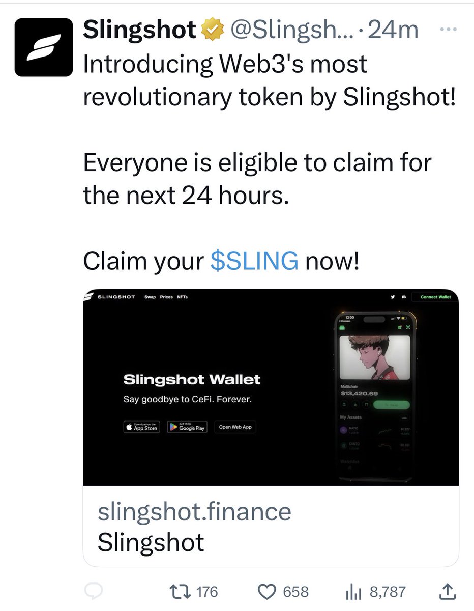 ArbitrumNewsDAO's tweet photo. Hey fam! Looks like the @SlingshotCrypto's Twitter was hacked. ‼️

Please be careful to claim their airdrop! 🚨

STAY SAFU!! ⛑️ https://t.co/IYPXspElBo