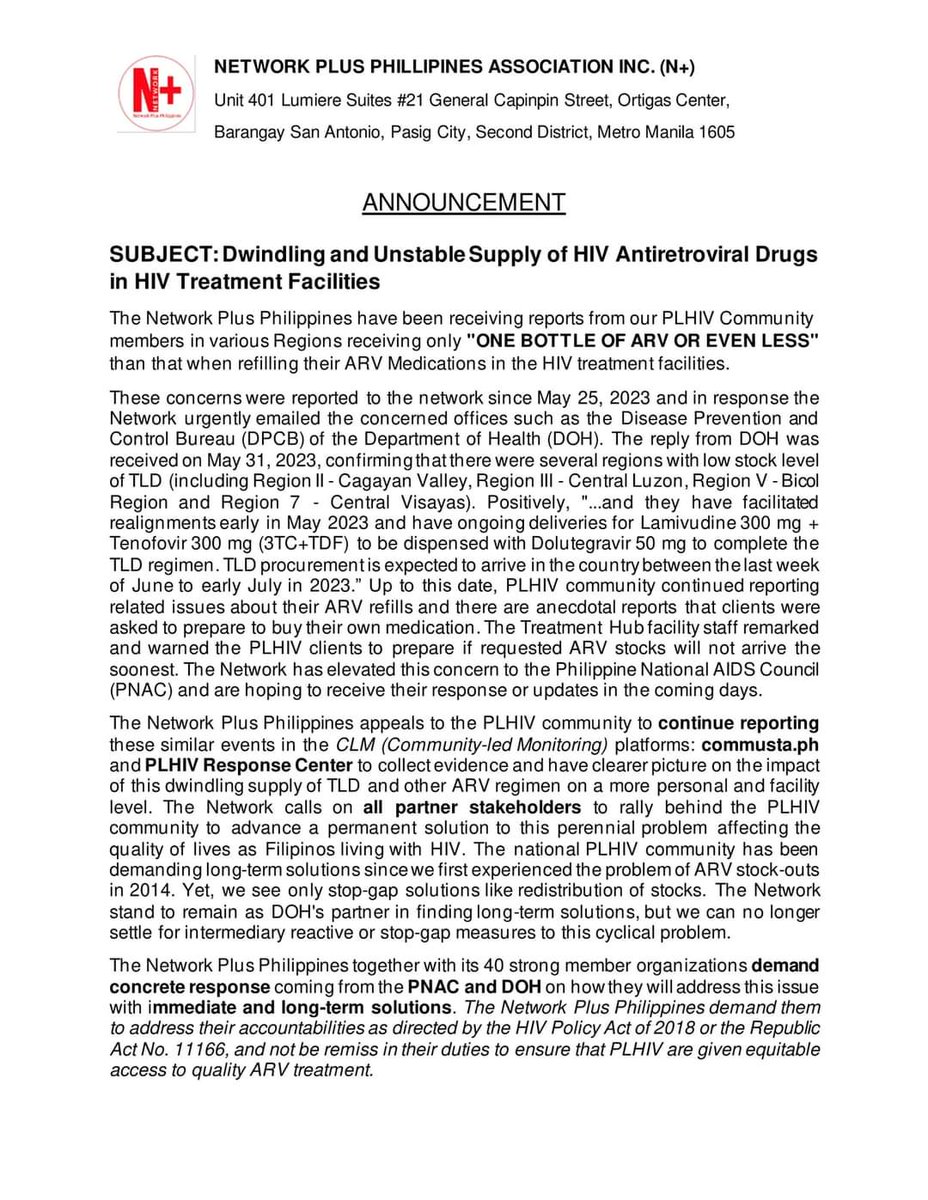 #NetworkPlusPhilippines #ARV 
Fusing the Demand of the PLHIV Community towards Urgent Action to Address Dwindling and Unstable Supply of HIV Antiretroviral Therapy in the Philippines.
(Please see Full Document)