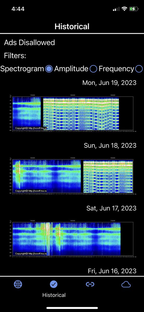 What is going on with the Schumann Resonance spectrogram?That is not normal. See photo taken directly from the Quick Schumann Resonance app.