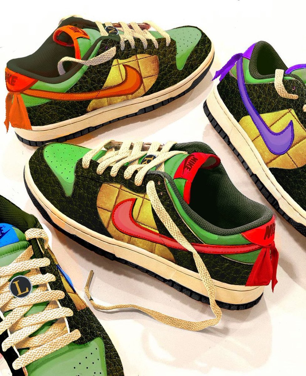 KicksFinder's tweet photo. TMNT x Nike Dunk Low 🐢 ⚔️ https://t.co/1ypmEQVLGM