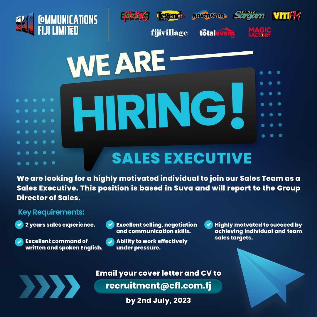 📢#VACANCY for a Sales Executive

Join our Sales team for exciting opportunities. 
📧recruitment@cfl.com.fj