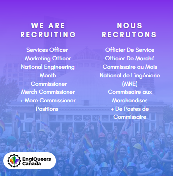 Hey Friends! Are you interested in joining EngiQueers Canada! Applications for the following positions are due July 5th , 2023. Find the application link in our link tree!